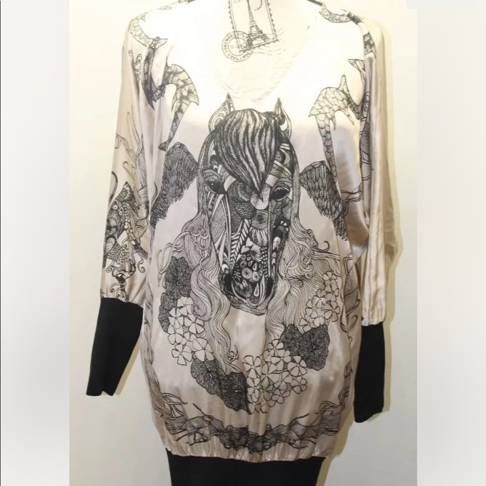 Zara Women Tunic Dress Beige Black Silk  Graffiti Print Medium Portugal